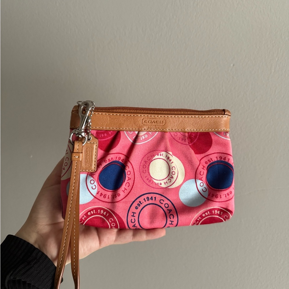 Coach Multicolor Wristlet with Tan Leather Trim